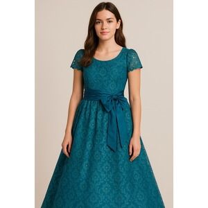 Vitnage‎ 70s Teal Floral Lace Short Sleeve Midi Formal Prom Dress Sz 11/12